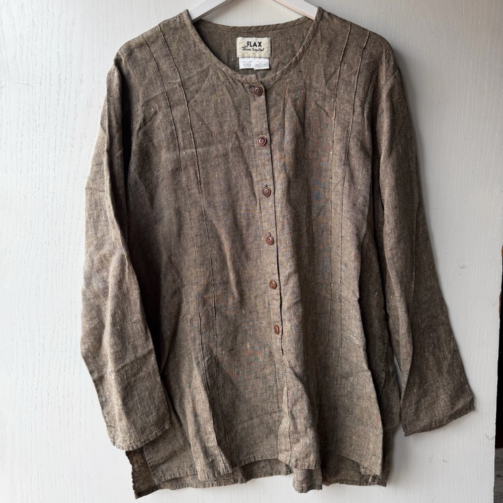 FLAX Rustic Brown Linen Collarless Button-Down Blouse Size M